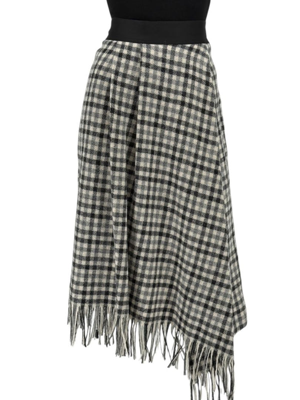 Brunello Cucinelli Black & Ivory Checked Wool Skirt with Fringe Hem – Size IT 44 (US 8)