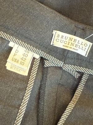 Brunello Cucinelli Grey Wool-Blend Cropped Pants with Monili Trim – Size IT 46 / US 10