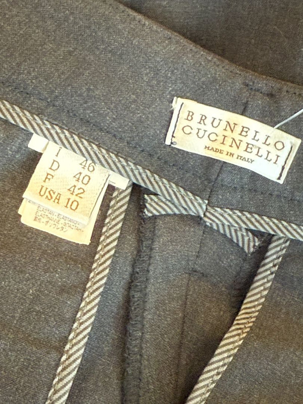 Brunello Cucinelli Grey Wool-Blend Cropped Pants with Monili Trim – Size IT 46 / US 10