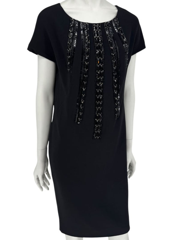 Pamella Roland Black Sequin Embellished Short Sleeve Cocktail Dress – Large