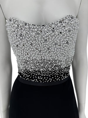 Pamella Roland Black Strapless Gown Silver Pearl Crystal Beaded Bodice Size 8 Evening Dress