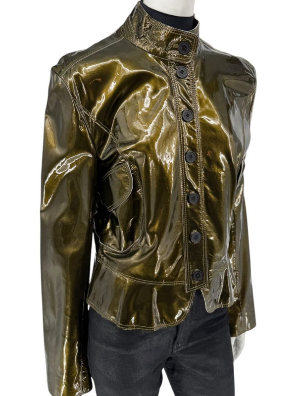 Burberry London Metallic Olive Green Leather Jacket – Size UK 12 / US 10