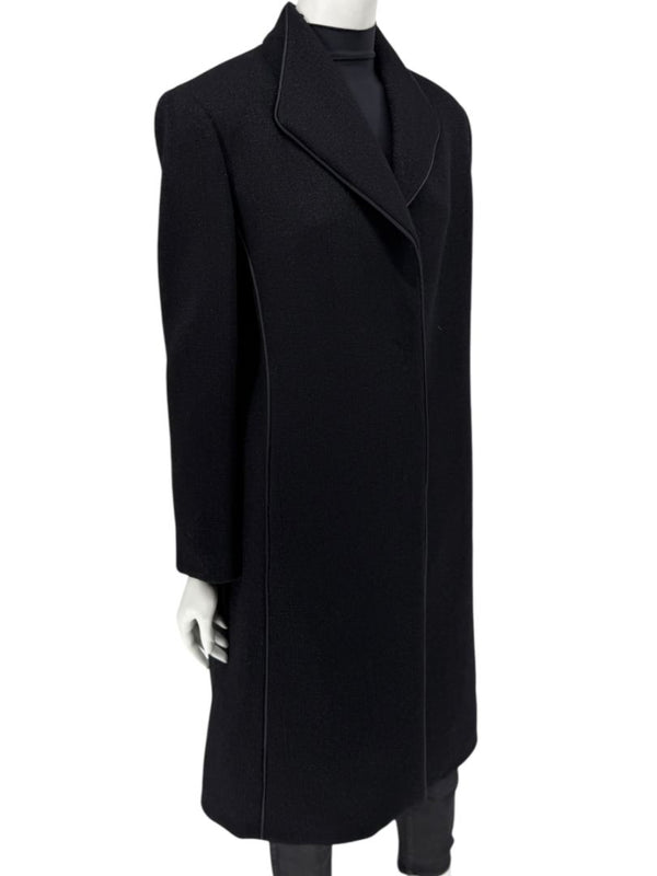 Pamella Roland Black Longline Coat Piped Trim Open Front Designer Outerwear Fits L