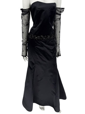 Pamella Roland Black Strapless Evening Dress Embellished Waist Sheer Sleeve Formal Gown - Size 6