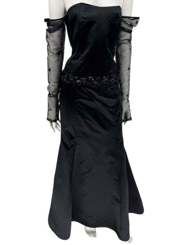 Pamella Roland Black Strapless Evening Dress Embellished Waist Sheer Sleeve Formal Gown - Size 6
