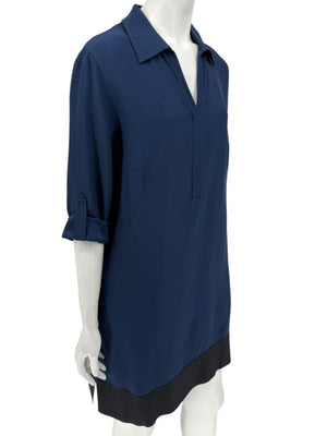 Akris Punto Navy Blue Viscose Acetate Tunic Dress Black Hem Roll Tab Sleeve - US 10