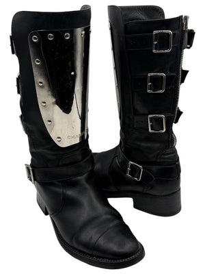Chanel Black Leather Moto Boots with Silver Armor Plate – Size 40.5