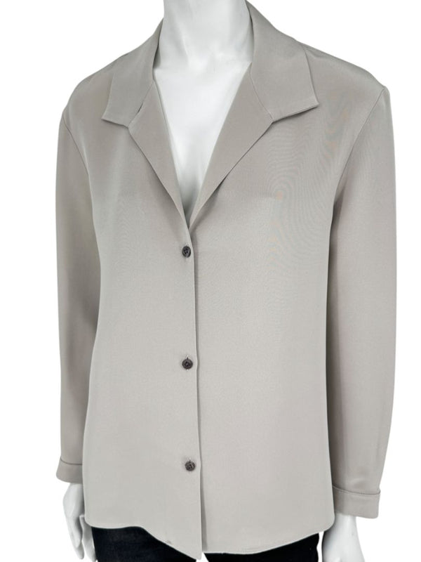 Peter Cohen Taupe-Grey Silk Button-Front Blouse with Soft Notched Collar – Size L