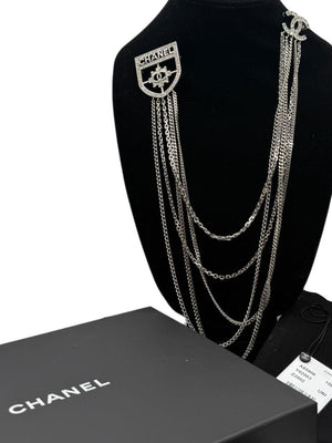 Chanel Baguette Crystal CC Shield Multi-Strand Long Chain Brooch Silver 15B w/ Box, Case & Tag