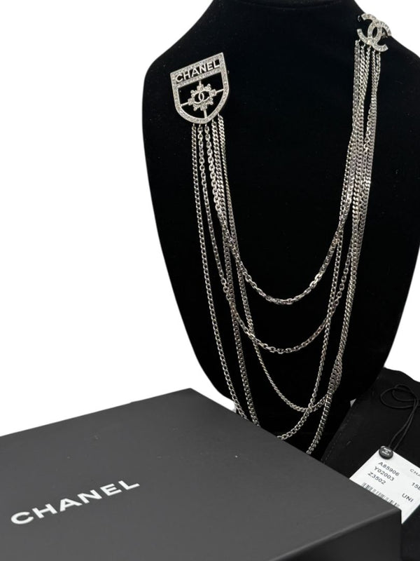 Chanel Baguette Crystal CC Shield Multi-Strand Long Chain Brooch Silver 15B w/ Box, Case & Tag