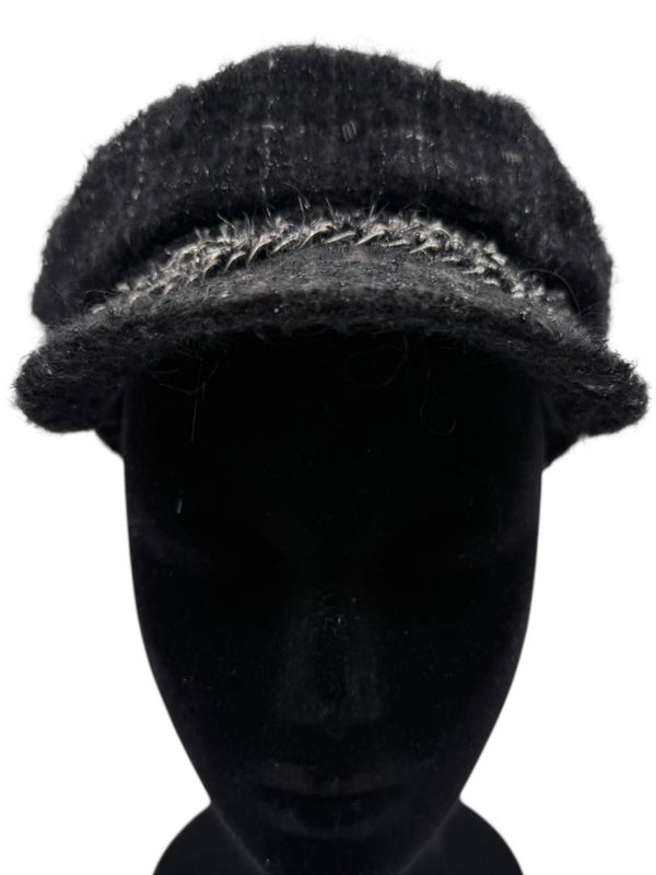 CHANEL Black Tweed Newsboy Cap with Signature Chain Trim