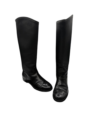 Chanel CC Captoe Black Leather Riding Boots – Size 36.5