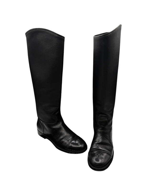 Chanel CC Captoe Black Leather Riding Boots – Size 36.5