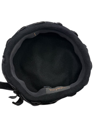Tracy Watts Black Wool Beret with Velvet Ribbon Trim