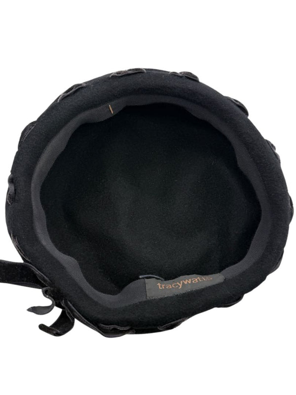Tracy Watts Black Wool Beret with Velvet Ribbon Trim