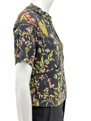 Vivienne Tam Black Floral & Peacock Print Mesh-Trim Top – Size 0