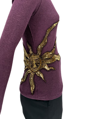 Roberto Cavalli Eggplant Cardigan with Beaded Oversized Sun Accents – Size: S