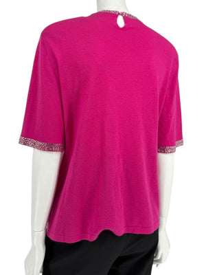 Neiman Marcus Cashmere Collection Fuchsia Embellished Short-Sleeve Sweater – Size XL