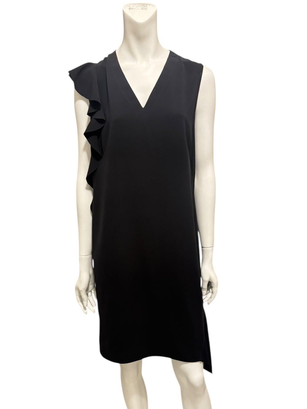 Akris Black Asymmetric Ruffle V-Neck Mini Dress – Size US 10