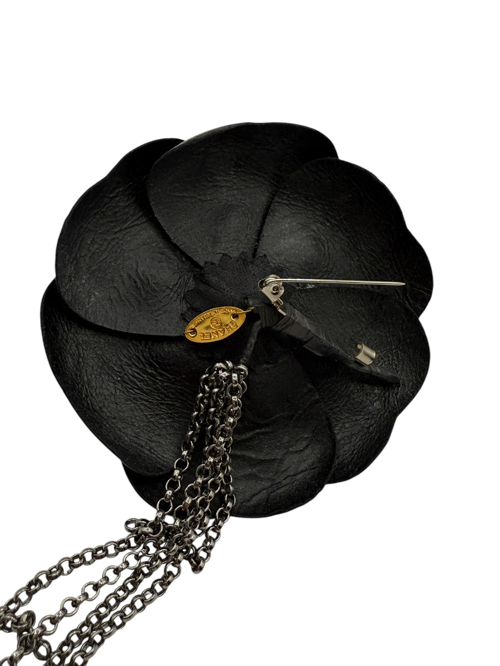 Chanel Black Leather Camellia Chain Fringe Brooch/Pin