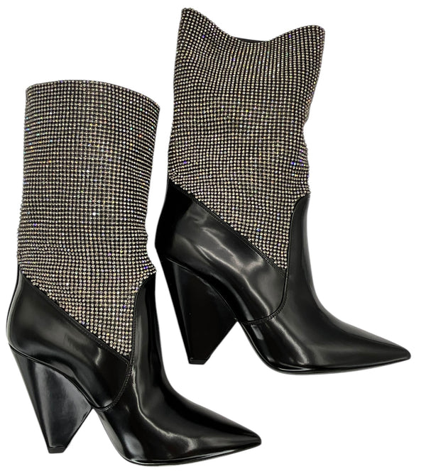 Saint Laurent Jazz Calf Swarovski Crystal Embellished Niki 105 Ankle Boots 39.5 Black