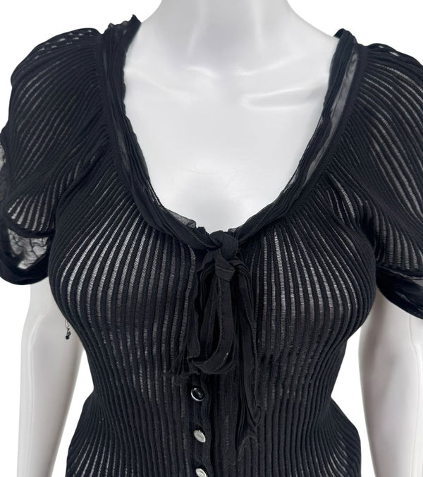 Jean Paul Gaultier Black Ribbed Sheer Top with Puff Sleeves - S