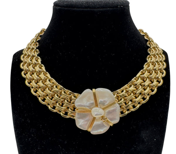 Chanel Mother Of Pearl Camellia Gold Choker/Necklace