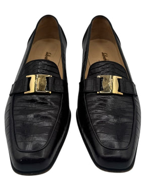 Salvatore Ferragamo Black Croc-Embossed Leather Loafers with Gold Gancini – Size 10.5 B (Made in Italy)