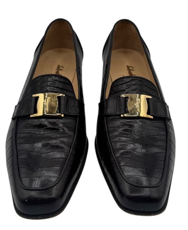 Salvatore Ferragamo Black Croc-Embossed Leather Loafers with Gold Gancini – Size 10.5 B (Made in Italy)