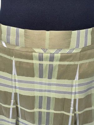 Burberry Matcha Green & Beige Plaid Cotton & Silk Pleated Skirt - Size US 12