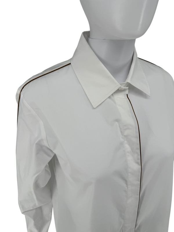 MaxMara White Cotton Dress Shirt with Brown Trim – Size 44 (IT)