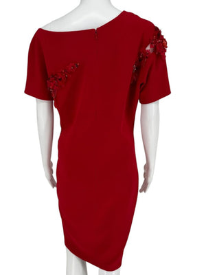 Pamella Roland Red Asymmetrical Floral Embellished Sheath Dress