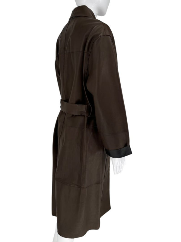 Brunello Cucinelli Chocolate Leather Belted Coat - Size 4