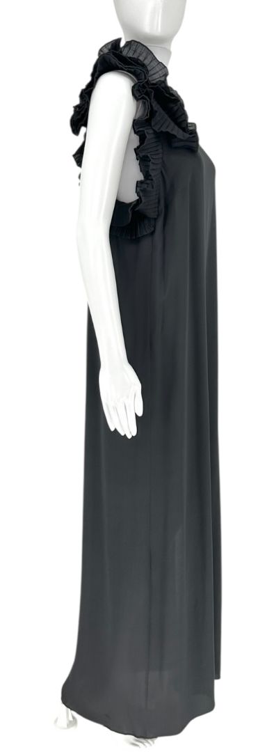 Brunello Cucinelli Black Silk Maxi Dress with Ruffled Shoulder Detail – Size XL