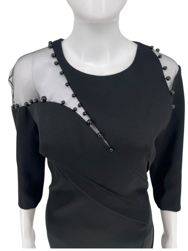 Pamella Roland Black Illusion Cutout Sheath Dress with Beaded Trim – Large