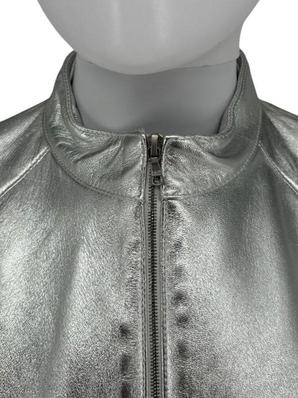 Pamella Roland Silver Metallic Leather Moto Jacket – Size 8