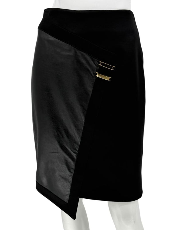 Pamella Roland Black Skirt with Leather Panel & Gold Zipper - Large