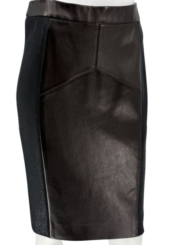 Pamella Roland Black Leather & Textured Knit Pencil Skirt – Large