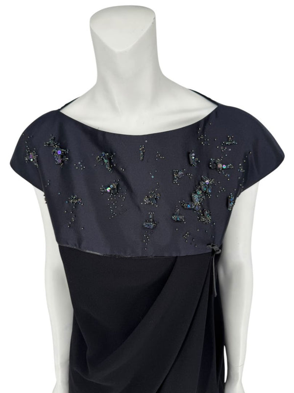 Atelier Caito for Herve Pierre Black Beaded Yoke Draped Dress – Size 12