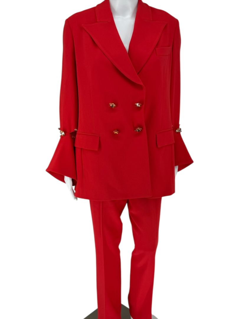 Pamella Roland Red Crystal-Embellished Double-Breasted Pant Suit – Large