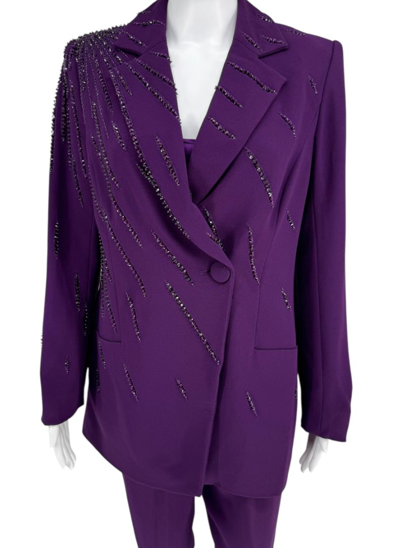 Pamella Roland Purple Crystal-Embellished Three-Piece Pant Suit – Large