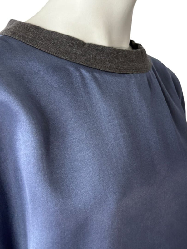 Brunello Cucinelli Navy Silk Shift Dress with Contrast Trim – Size XL- NEW