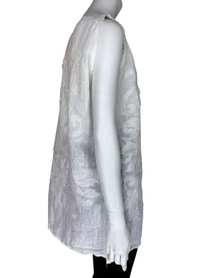 Fendi White Linen Sleeveless Tunic with Textured Floral Appliqué – Size L