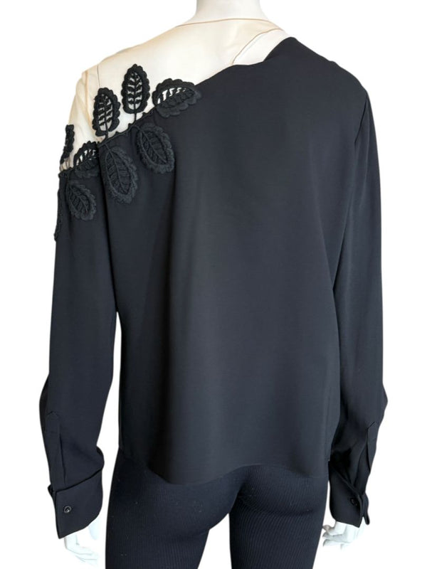 Oscar de la Renta Resort 2019 Black Silk Embroidered Illusion Neck Blouse – Size 8 - NWT