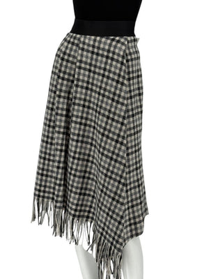 Brunello Cucinelli Black & Ivory Checked Wool Skirt with Fringe Hem – Size IT 44 (US 8)
