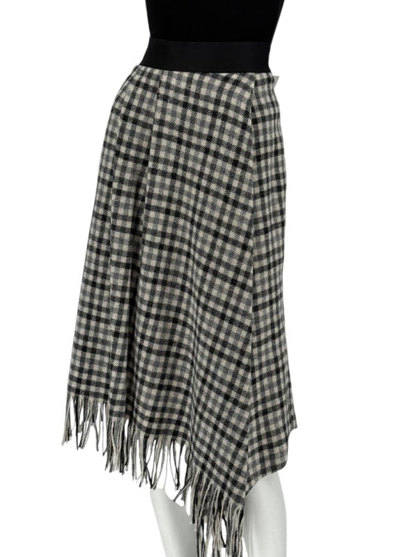 Brunello Cucinelli Black & Ivory Checked Wool Skirt with Fringe Hem – Size IT 44 (US 8)