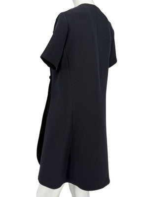 Christian Dior Paris Black Wool-Silk Shift Dress with Asymmetric Button Detail – Size FR 42 (US 10)