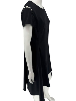 Pamella Roland Black Pearl-Trim Sleeve Handkerchief Hem Dress – Large