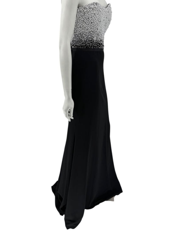 Pamella Roland Black Strapless Gown Silver Pearl Crystal Beaded Bodice Size 8 Evening Dress