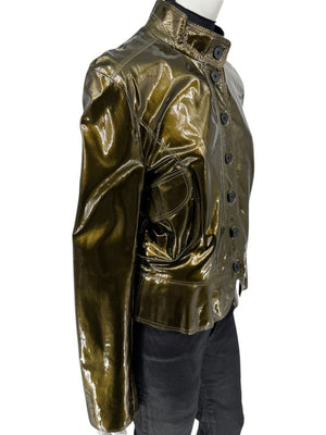 Burberry London Metallic Olive Green Leather Jacket – Size UK 12 / US 10